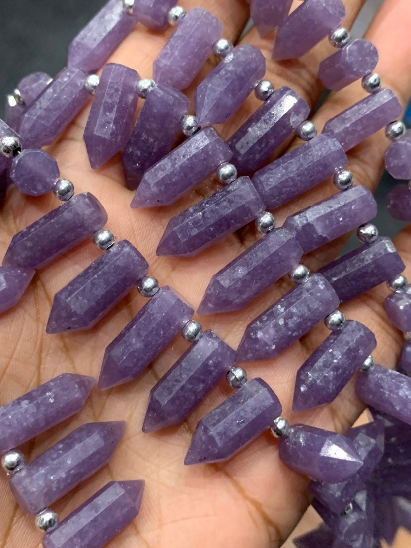 Natural Lepidolite Pencil Cut Faceted Gemstone Beads, 8 Inch Purple Lepidolite Beads, 6/16-7/20mm Approx Lepidolite Beads For Jewelry Making