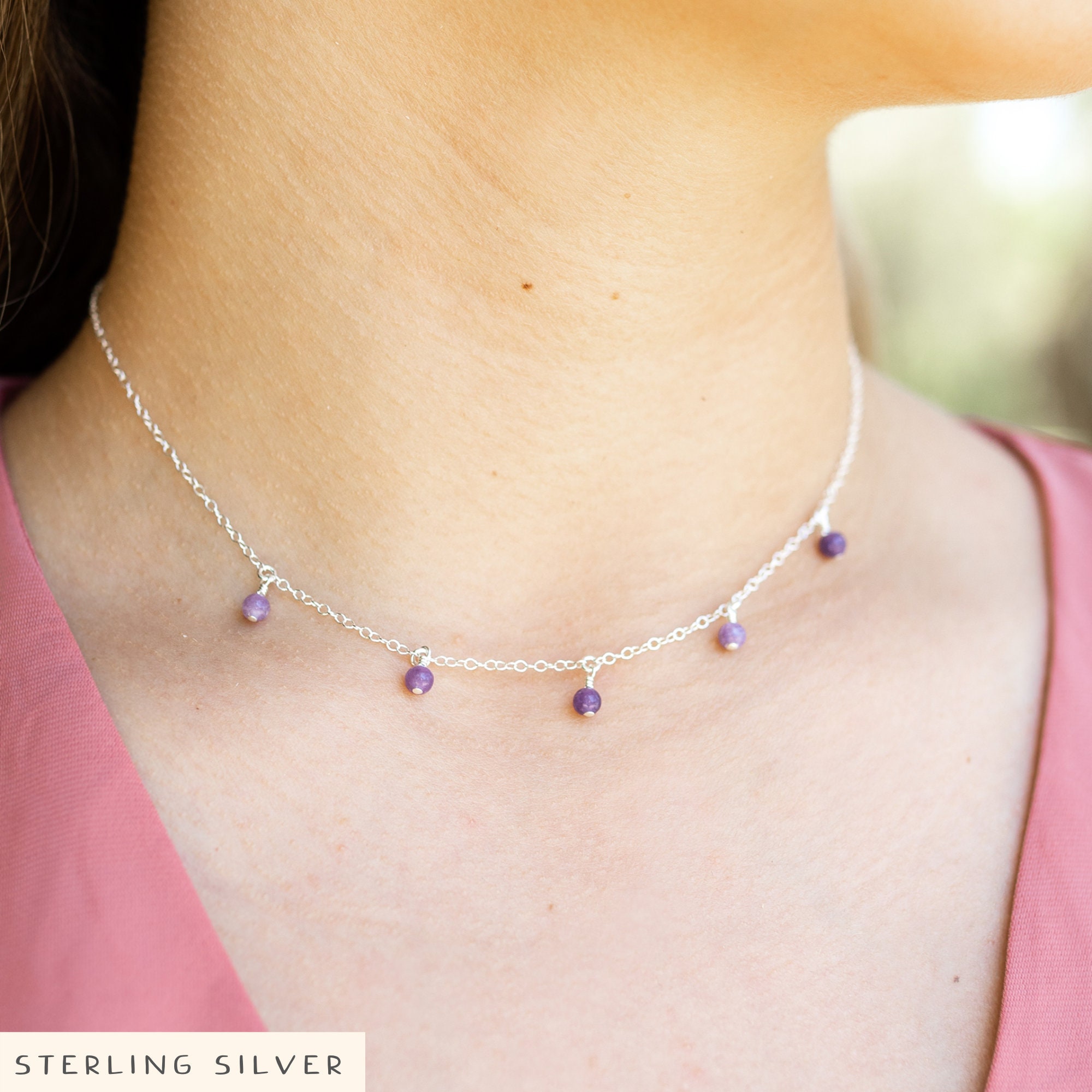 Lepidolite Bead Dangle Choker - Handmade Boho Gemstone Necklace