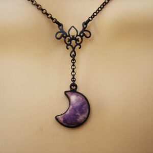 Purple Lepidolite Crescent Moon Necklace, Oxidized Sterling Silver Jewelry Purple Lepidolite Crescent Moon Necklace, Oxidized Sterling Silver Jewelry