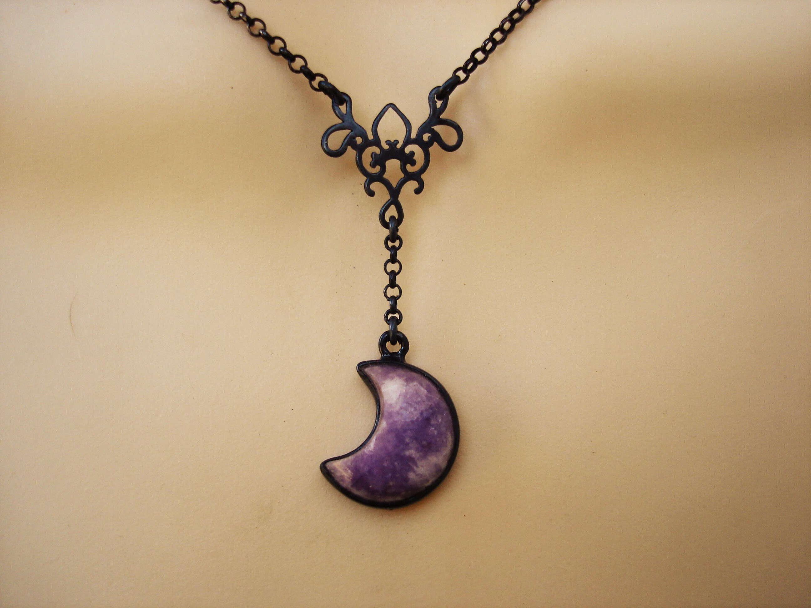 Purple Lepidolite Crescent Moon Necklace, Oxidized Sterling Silver Jewelry