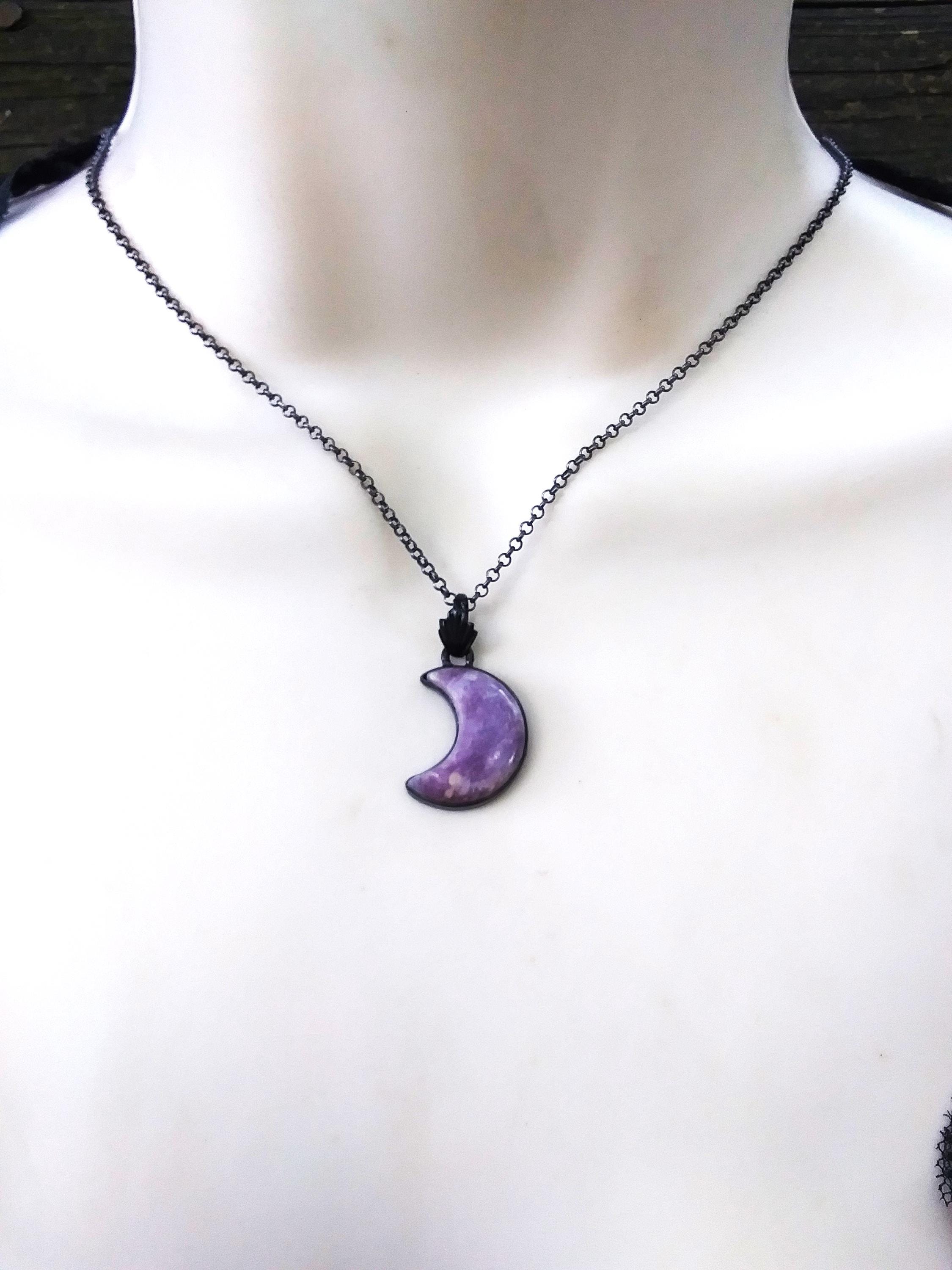 Purple Lepidolite Crescent Moon Necklace, Oxidized Sterling Silver Jewelry
