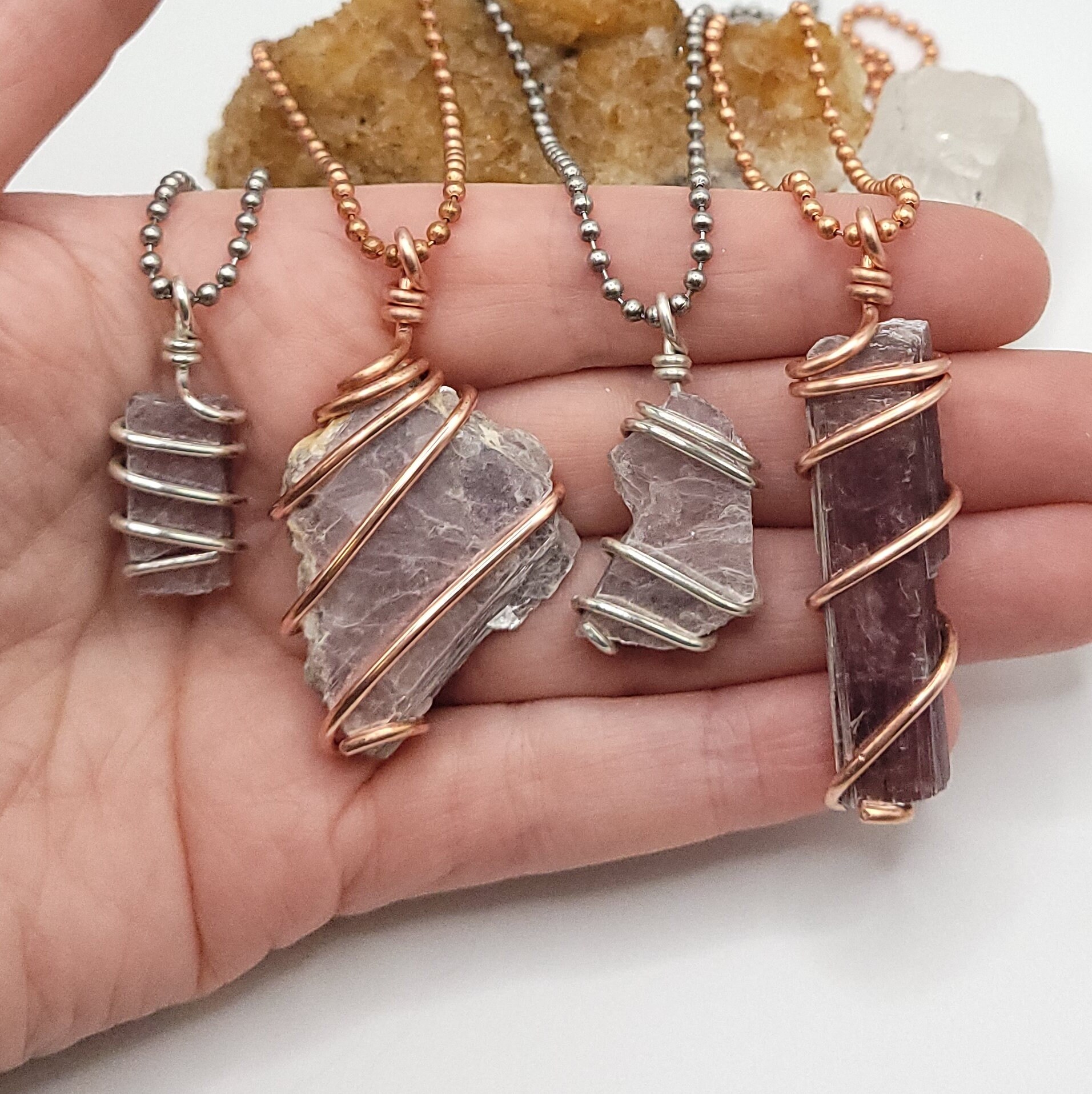 Raw Lepidolite Necklace In Silver Or Copper: Stress Relief & Emotional Balance Crystal