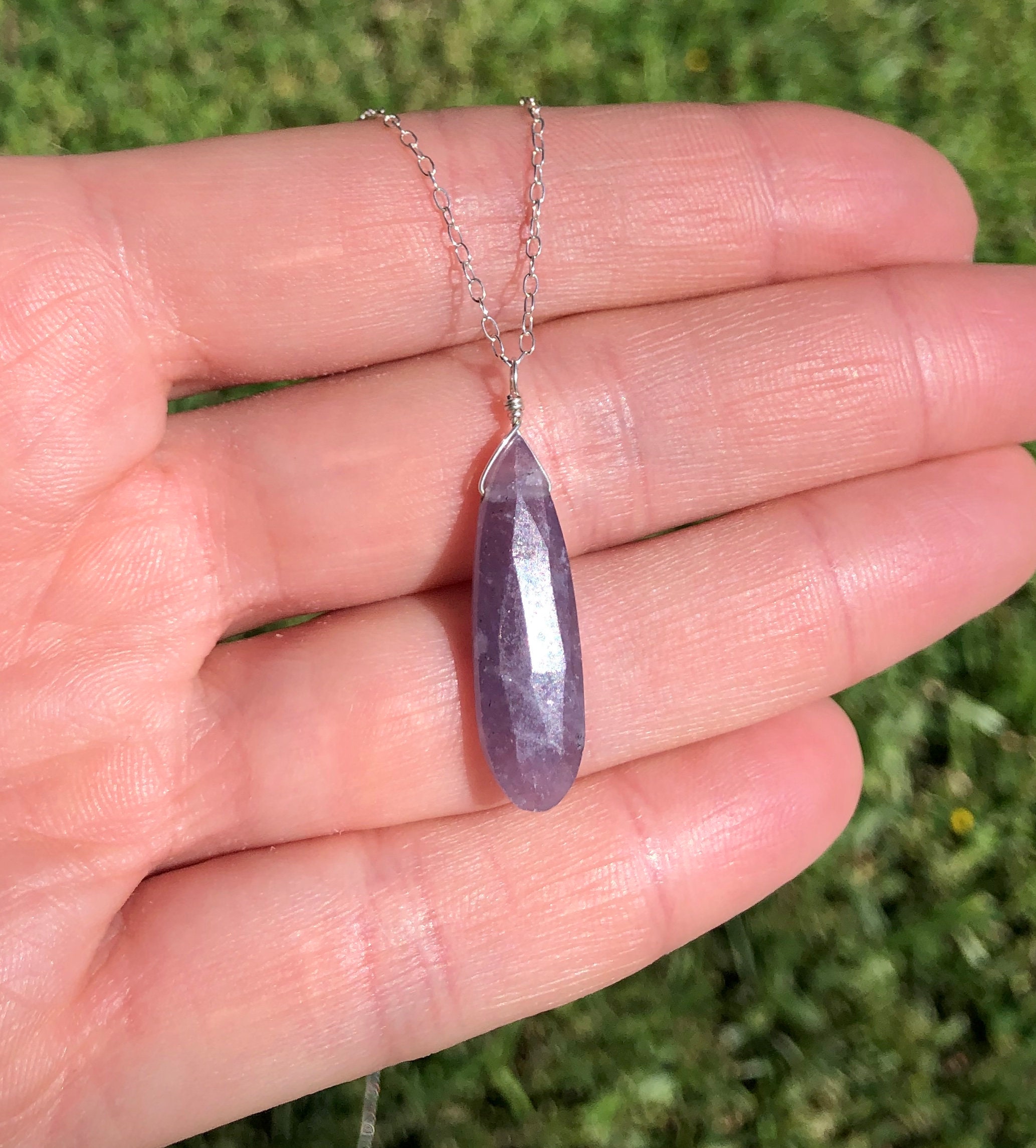 Teardrop Lepidolite Crystal Necklace: Sterling Silver Purple Stone
