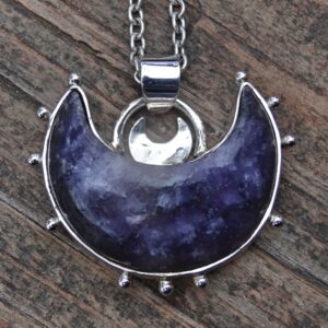 925 - Crescent Moon Purple Lepidolite Necklace, Sterling Silver, Lepidolite Statement Moon Pendant, Celestial Purple Sterling Silver