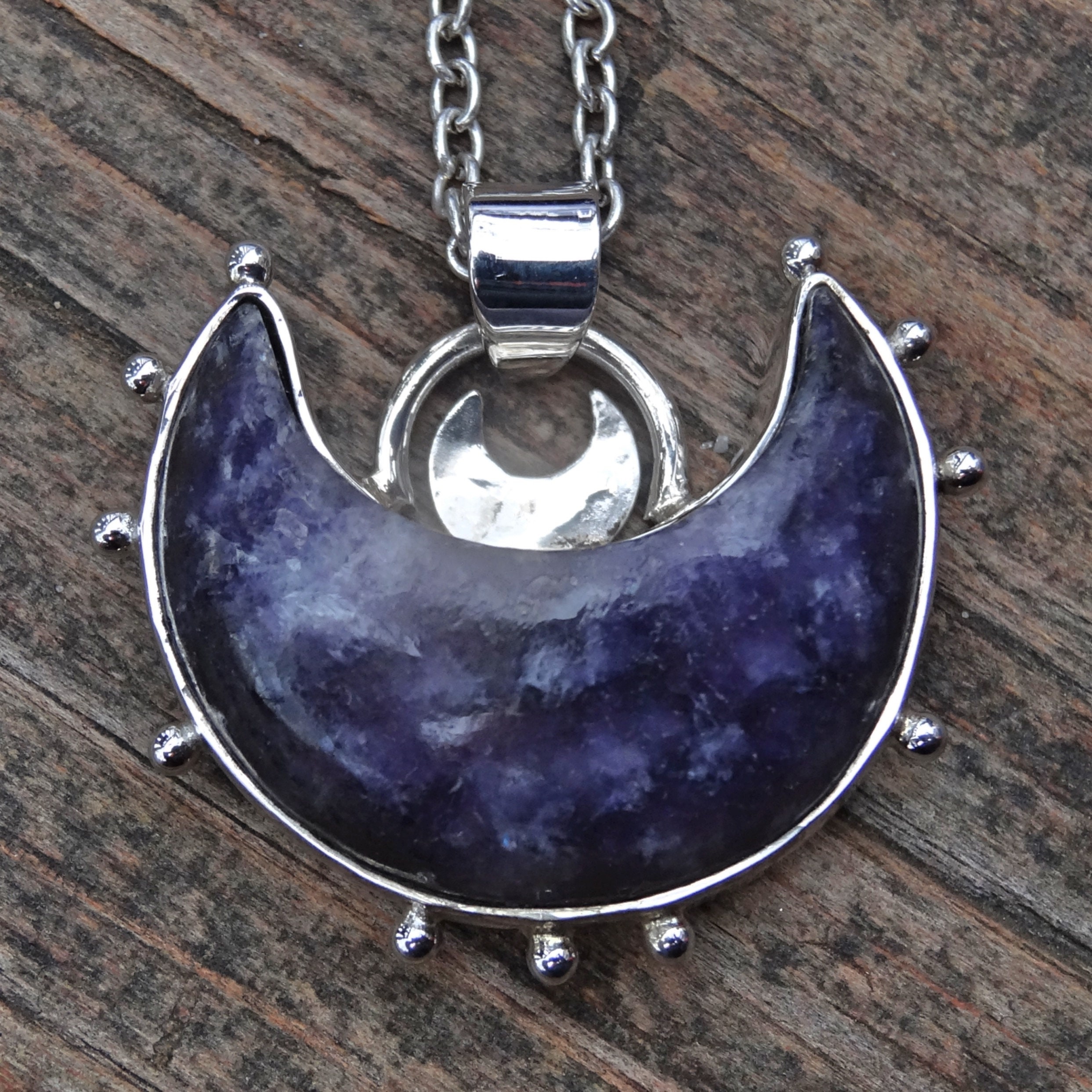 925 - Crescent Moon Purple Lepidolite Necklace, Sterling Silver, Lepidolite Statement Moon Pendant, Celestial Purple Sterling Silver