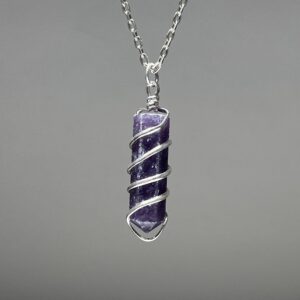 Lepidolite Crystal Pendant Necklace, Wire Wrapped Gemstone Point with Chain