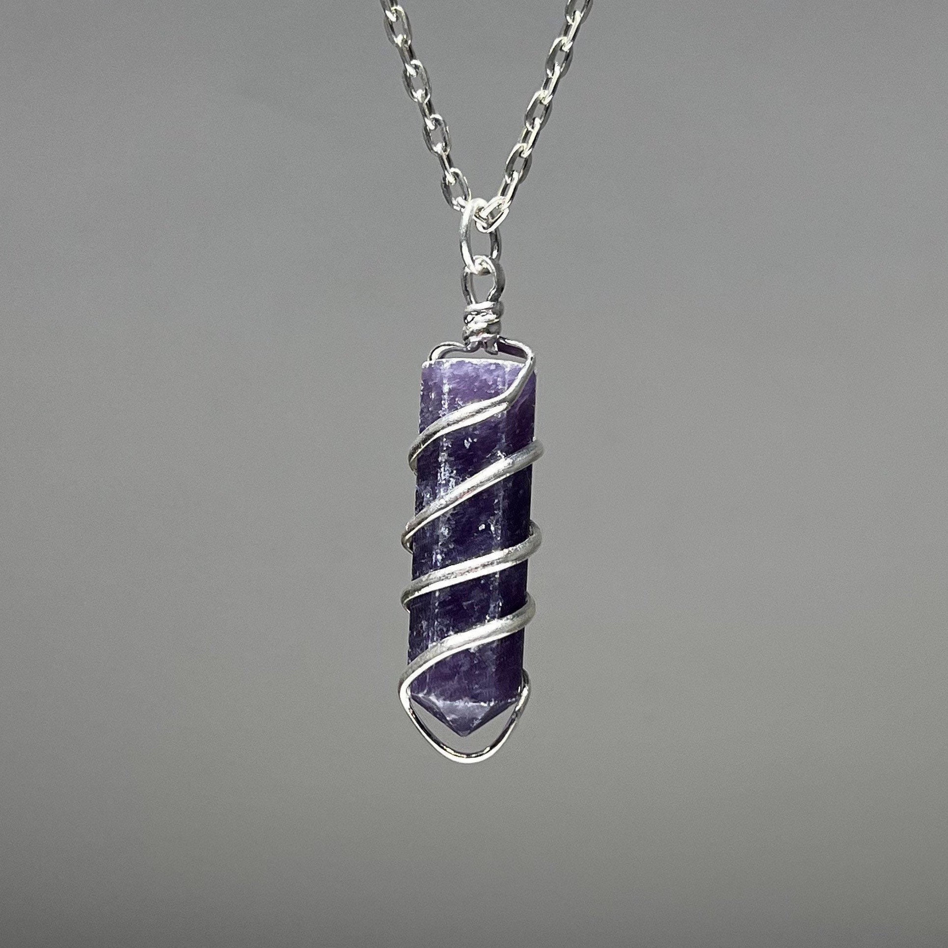 Lepidolite Crystal Pendant Necklace, Wire Wrapped Gemstone Point With Chain