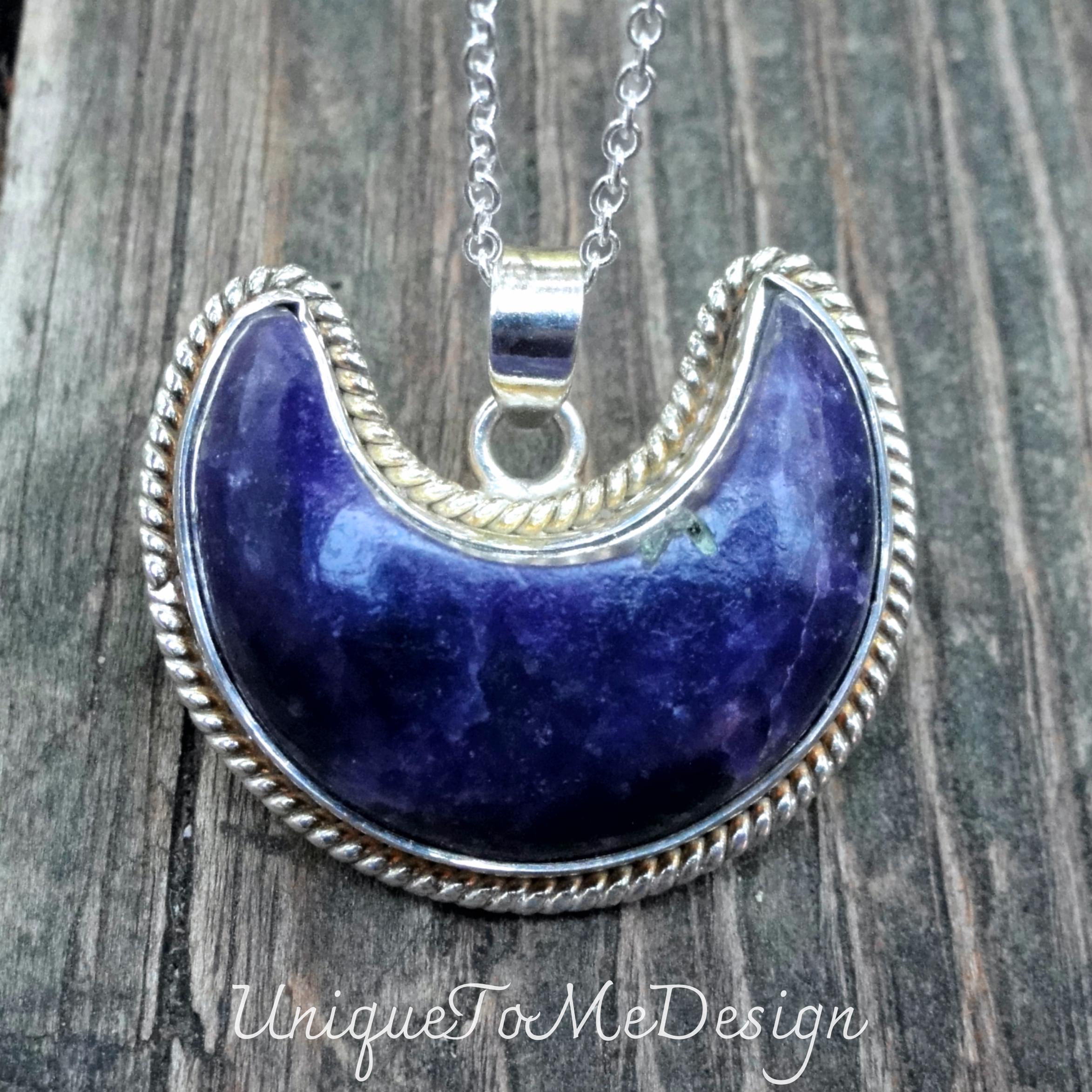 Handmade Lepidolite Moon Necklace: Sterling Silver Celestial Pendant