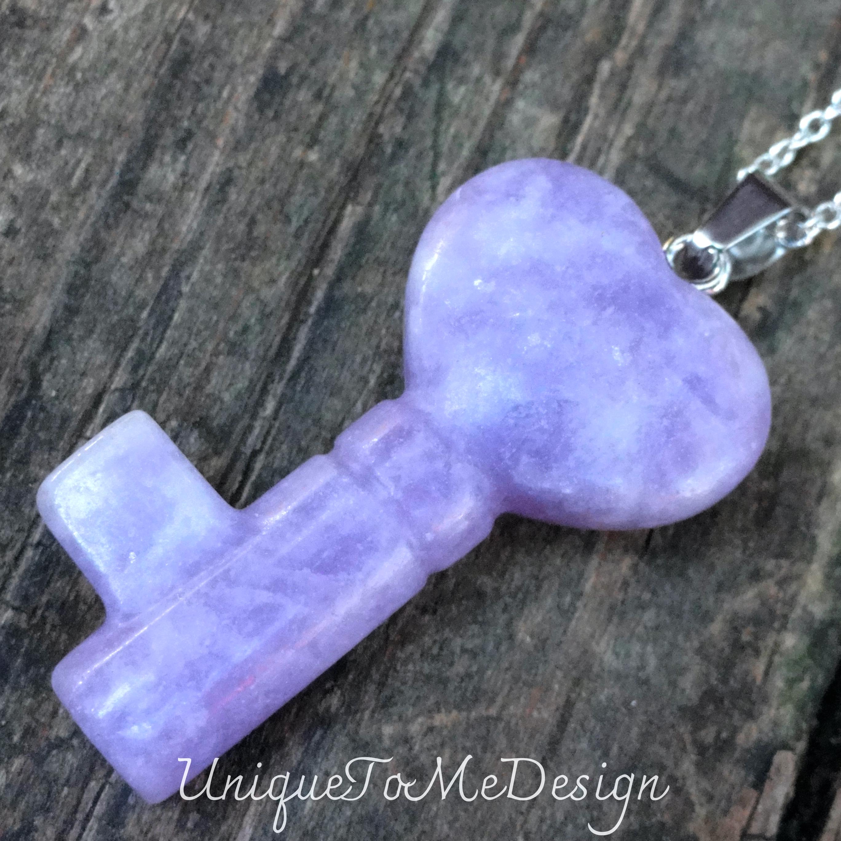Lepidolite Heart Key Necklace: Sterling Silver Carved Stone Pendant