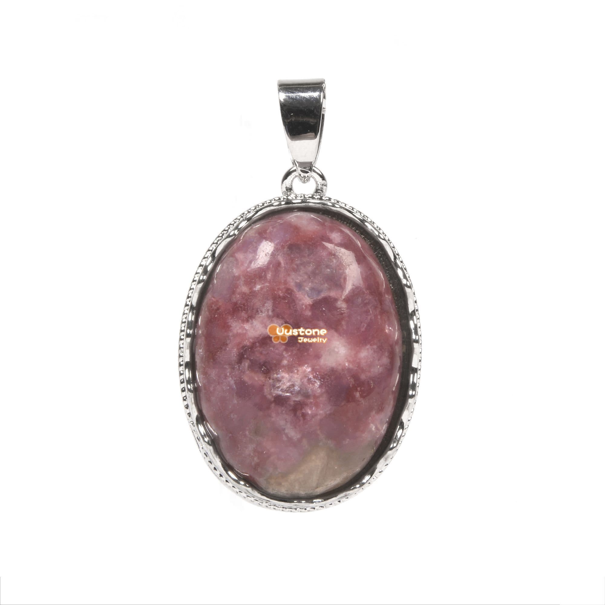 Natural Lepidolite Lithium Mica Gemstone Smooth Cab Crystal Pendant Copper Plating Silver Oval Pendant