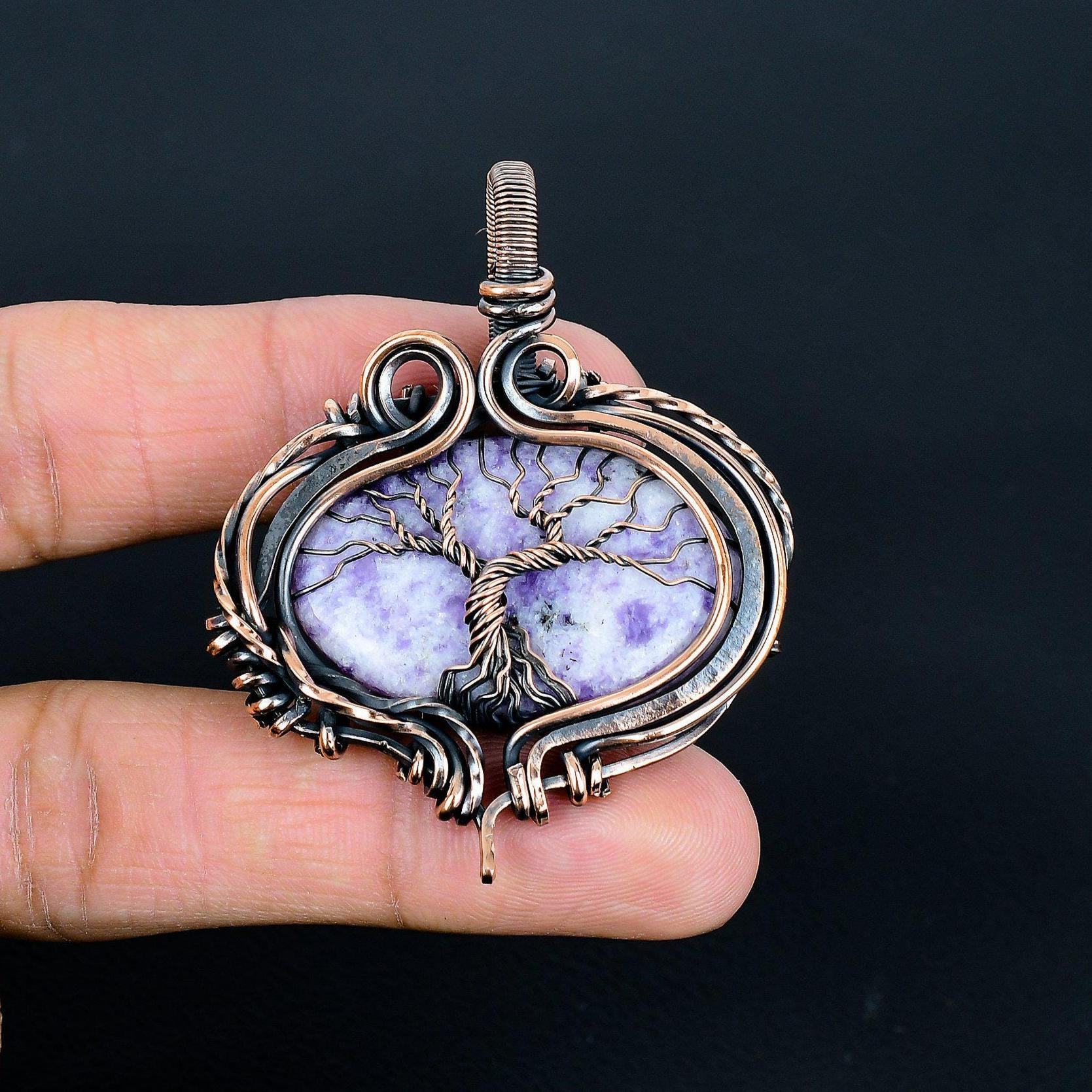 Lepidolite Pendant, Natural Lepidolite Tree Of Life Copper Wire Wrapped Pendant, Natural Crystal Handmade Jewelry Wedding Gift For Her/him