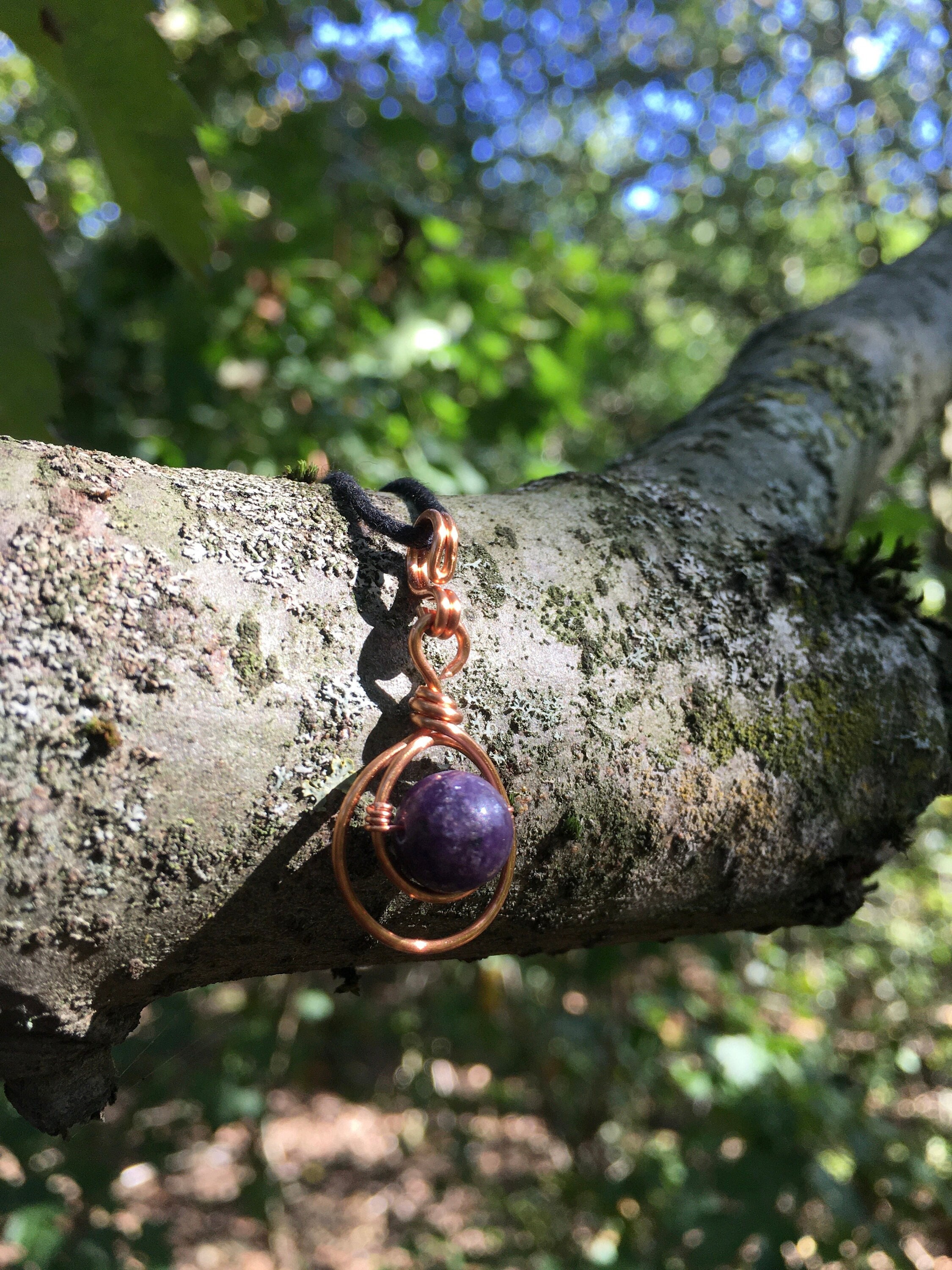 Lepidolite Pendant Necklace: Minimalist Copper Wire Wrapped Jewelry