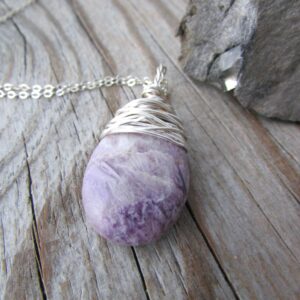 Lepidolite Necklace, Purple Lepidolite, Wire Wrapped, Stone Pendant