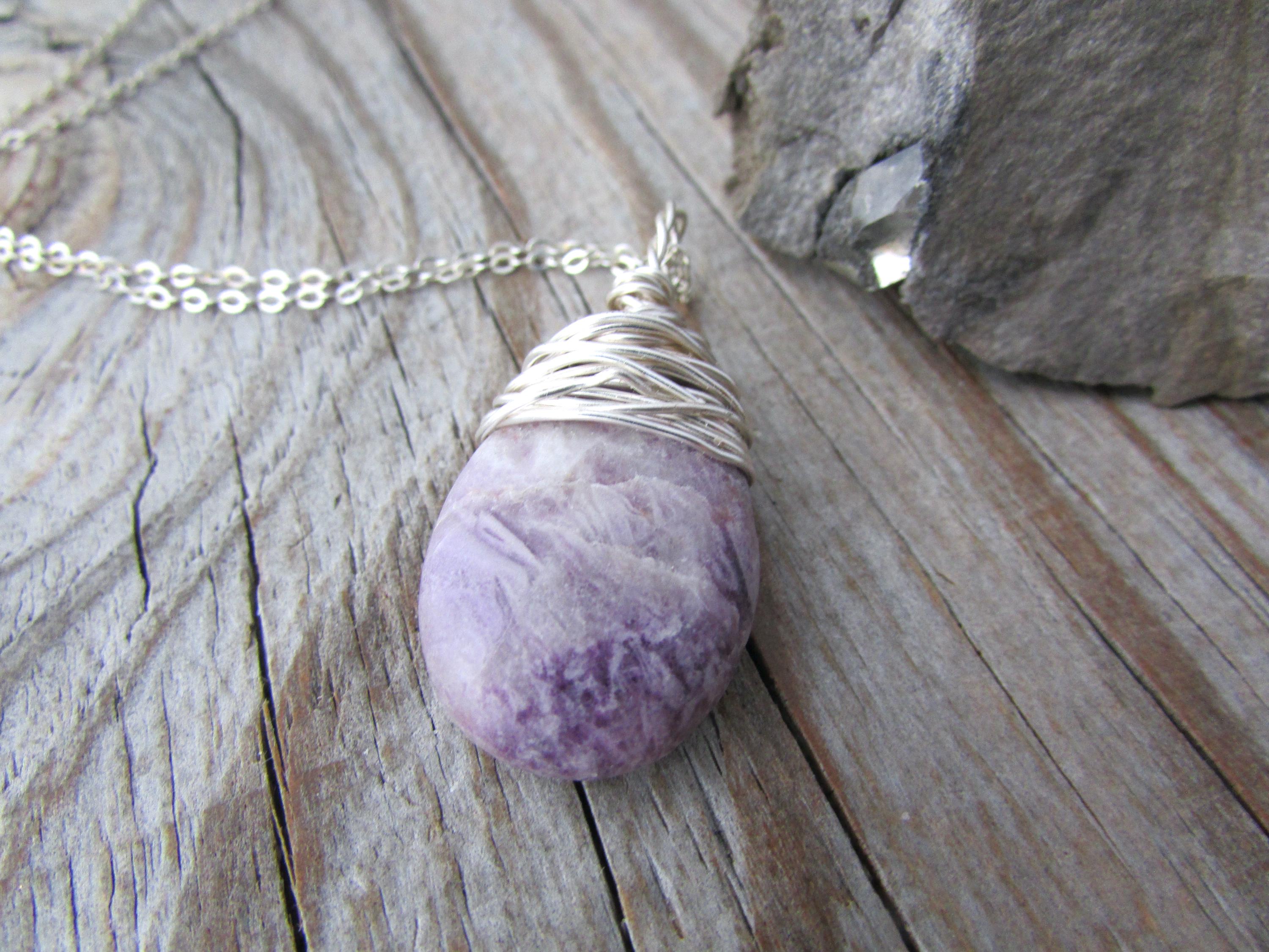 Lepidolite Necklace, Purple Lepidolite, Wire Wrapped, Stone Pendant