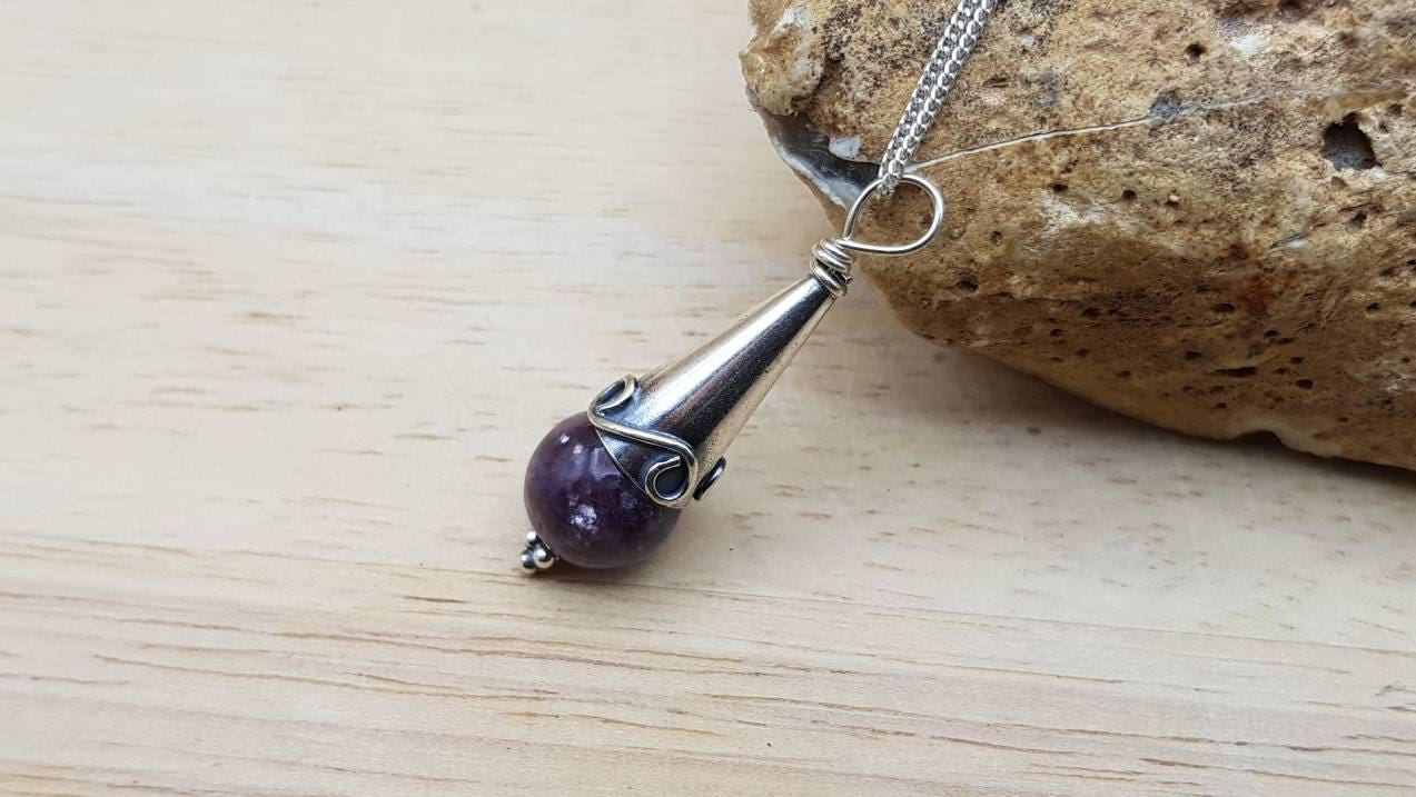 Purple Lepidolite Pendant. Bali Silver Beads. Reiki Jewelry Uk. Libra Jewelry. Minimalist Cone Necklace