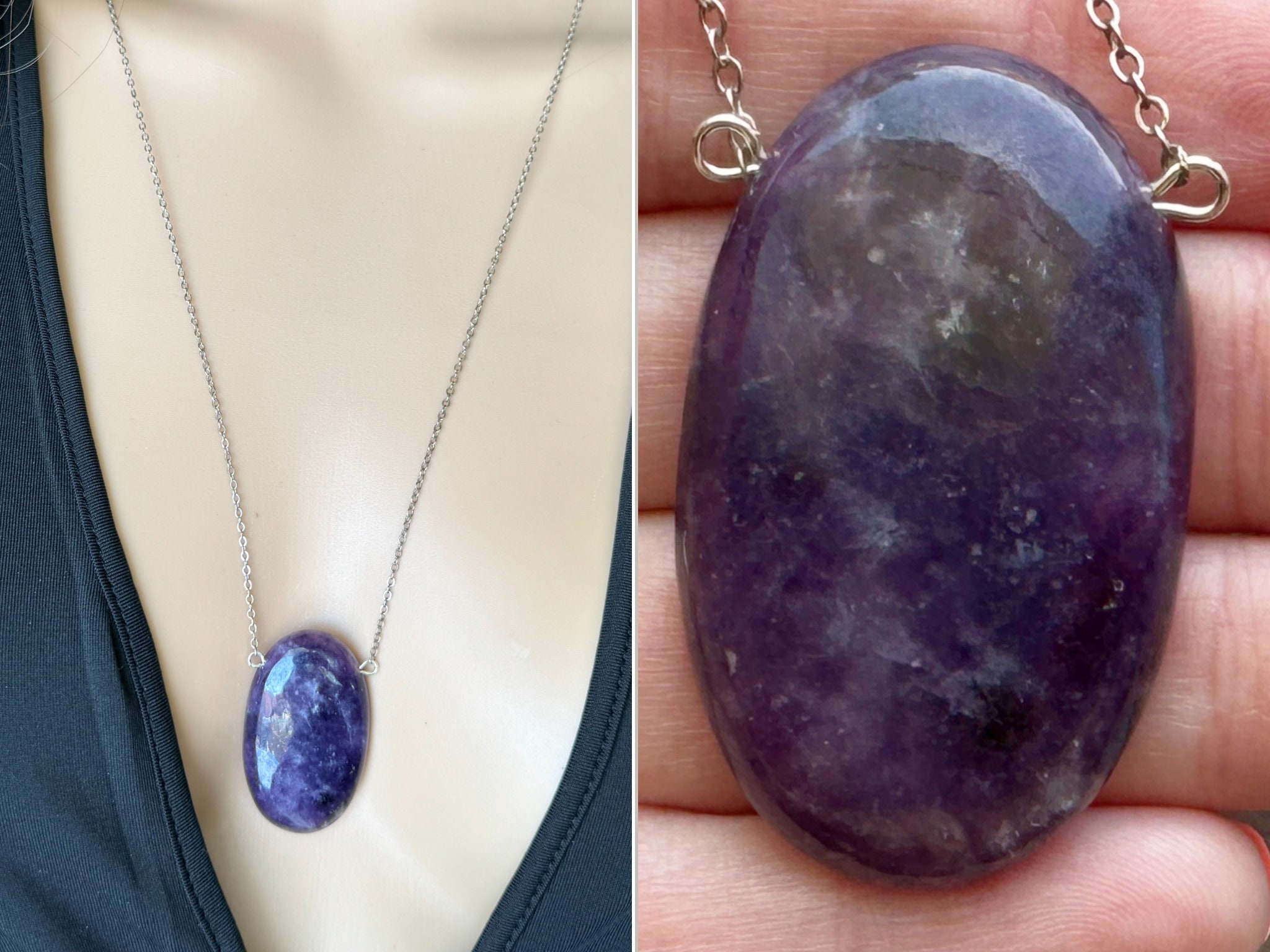 Purple Crystal Necklace, Large Lepidolite Necklace Gold Filled, Sterling Silver, Empath Necklace, Gemstone Pendant, Emotional Healing Stone