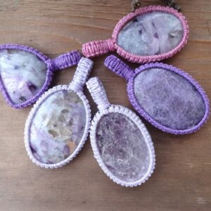 Purple Lepidolite round macrame necklace, Libra September - October Birthstone, round stone macrame pendant, anxiety healing stones