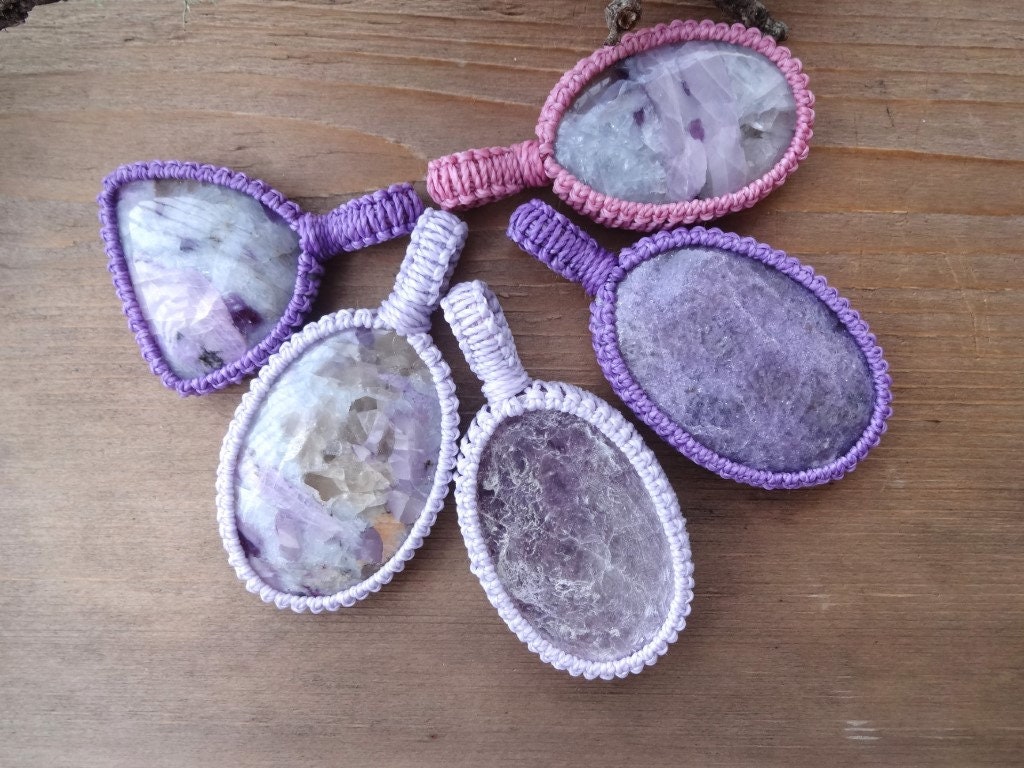 Purple Lepidolite Round Macrame Necklace, Libra September - October Birthstone, Round Stone Macrame Pendant, Anxiety Healing Stones