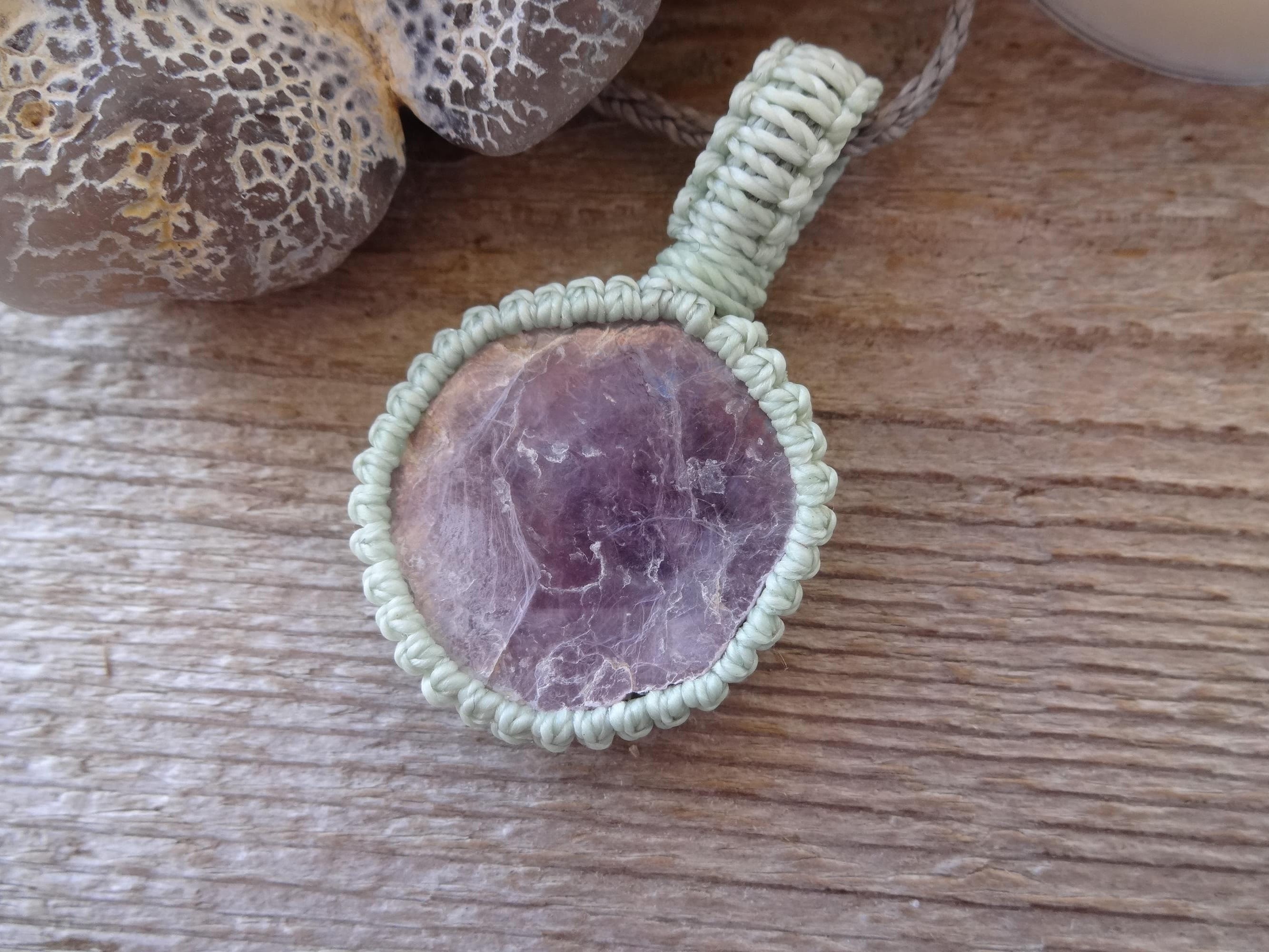 Raw Lepidolite Mica Stone Necklace, Pink Mica Crystal Macrame Pendant, Lilac Lavender Stone Necklace, Vegan Healing Gift For Girlfriend