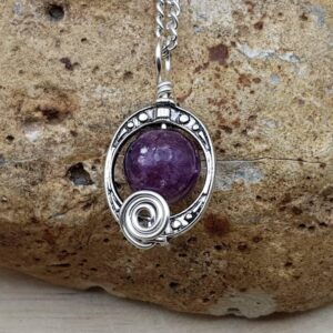 Small Lepidolite pendant. Reiki jewelry uk. Libra jewelry. Silver plated oval frame Wire wrap necklace. 10mm stone