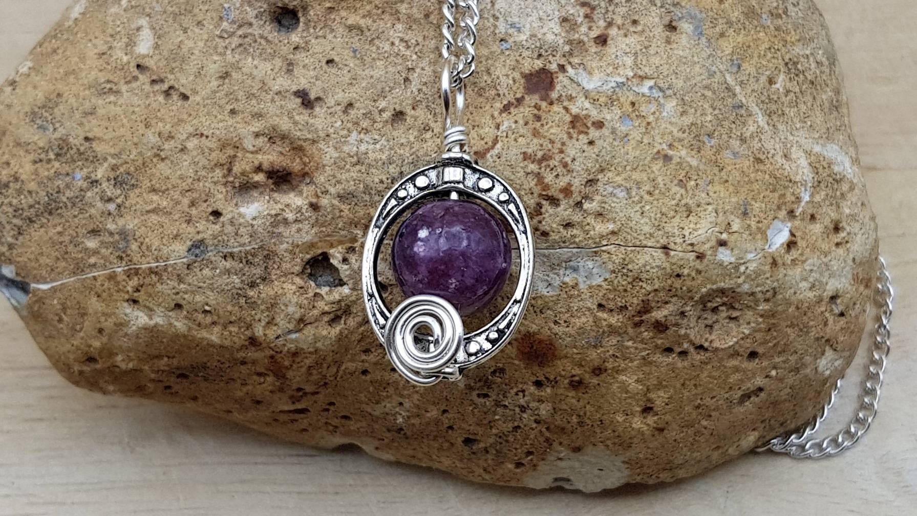 Small Lepidolite Pendant. Reiki Jewelry Uk. Libra Jewelry. Silver Plated Oval Frame Wire Wrap Necklace. 10mm Stone