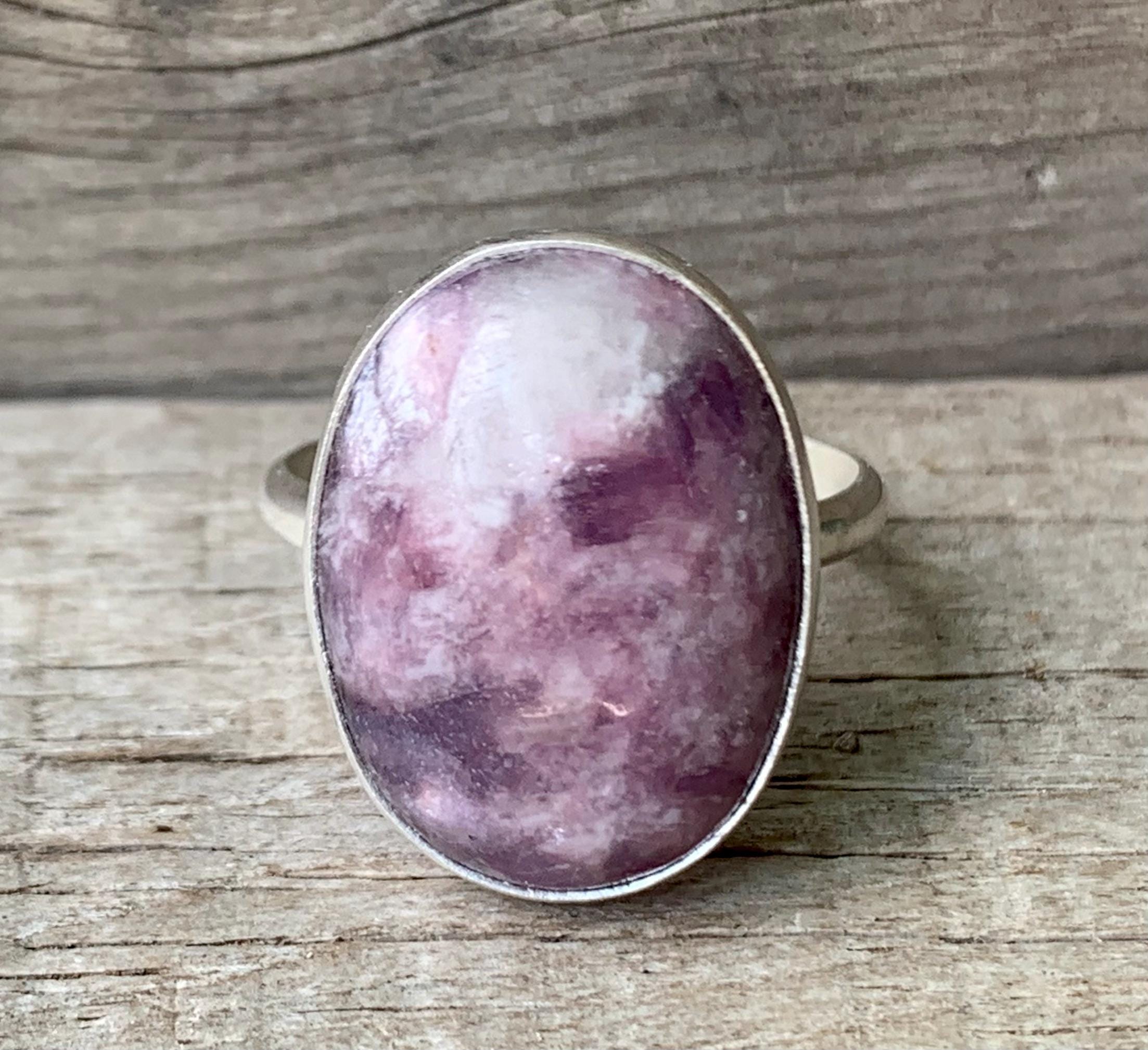 Dark Pink Purple Merlot Colored Oval Lepidolite Lithium Mica Sterling Silver Ring , Cleansing Gemstone , Made To Order , Lepidolite Ring