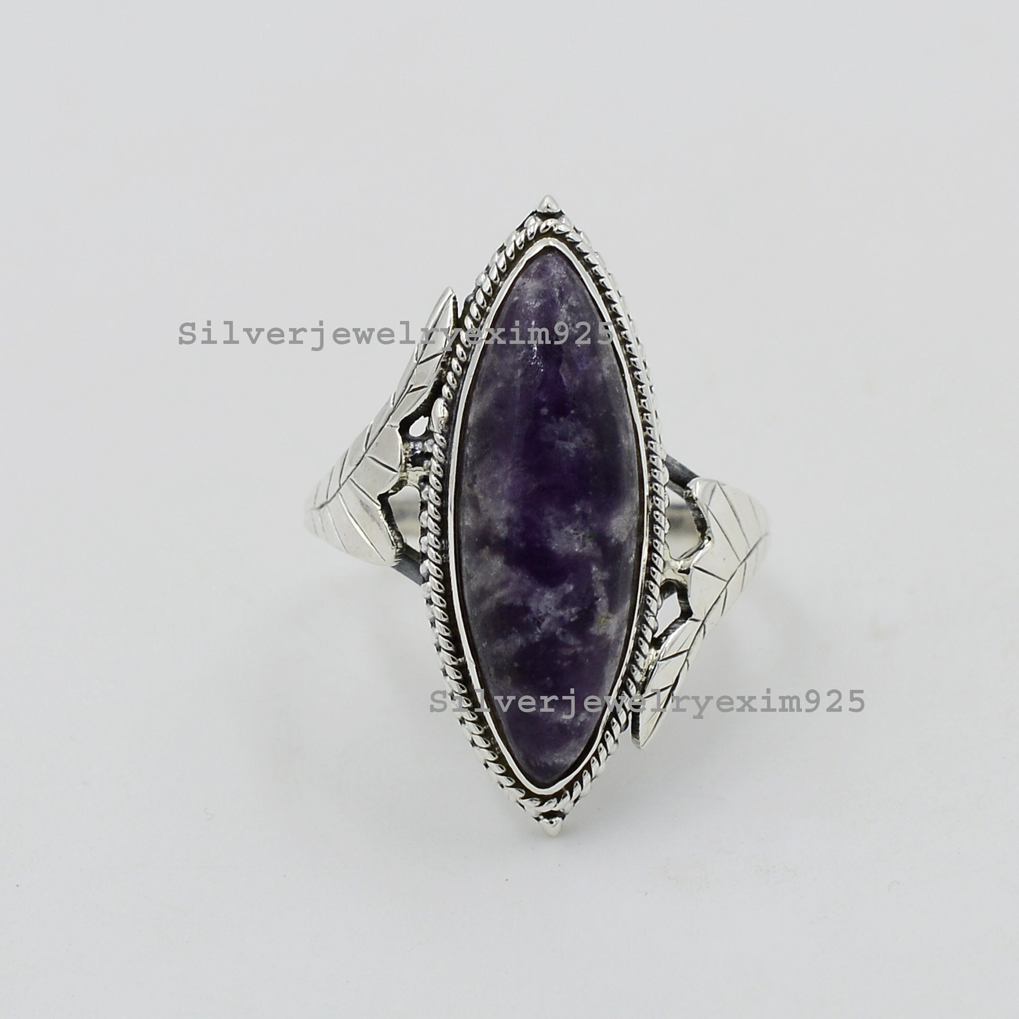 Handmade Lepidolite 925 Sterling Silver Ring: Marquise Gemstone Handmade Lepidolite 925 Sterling Silver Ring: Marquise Gemstone