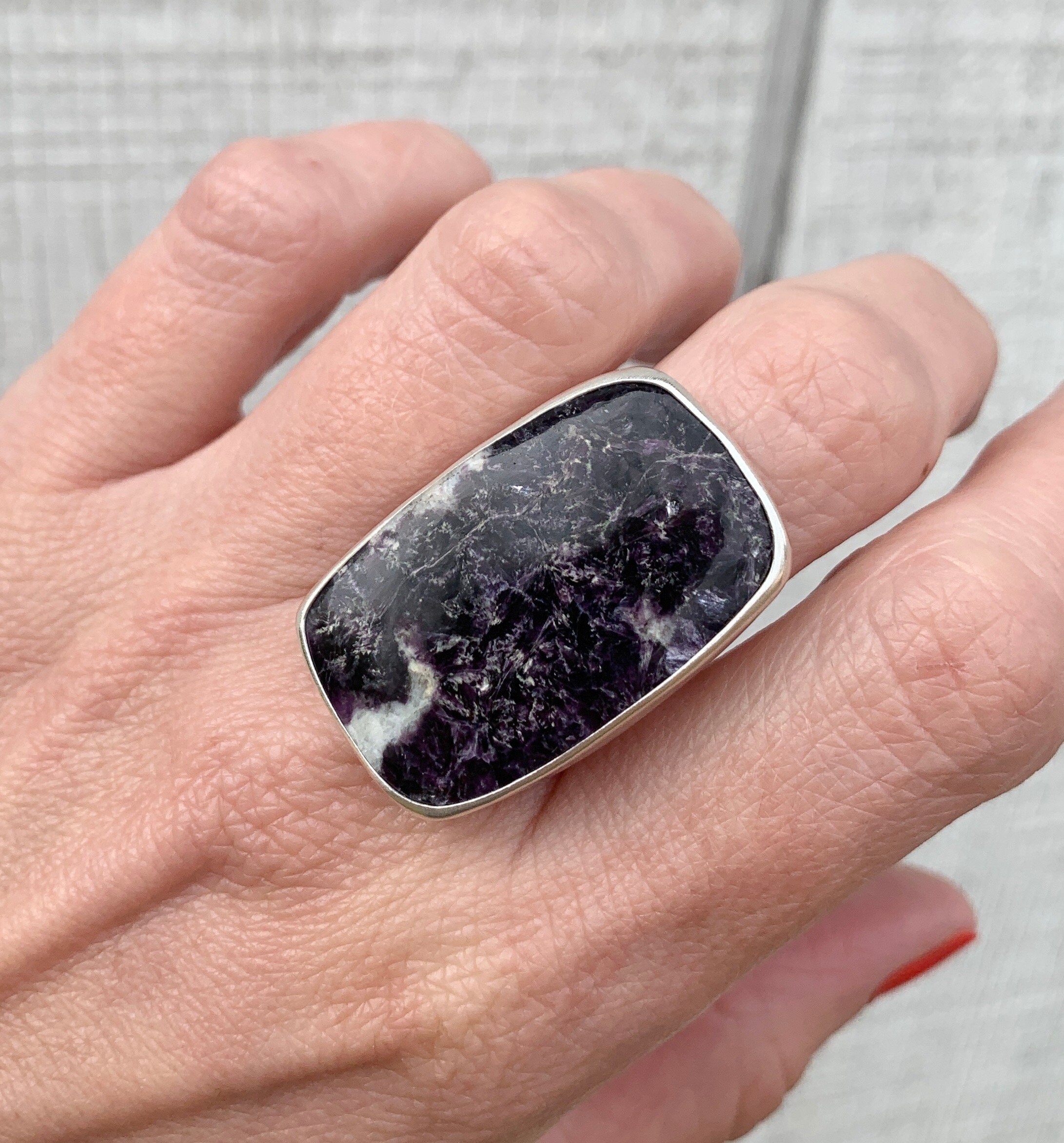 Large Rectangle Cushion Cut Dark Purple And White Lepidolite Sterling Silver Ring | Dark Purple And White Stone Ring |