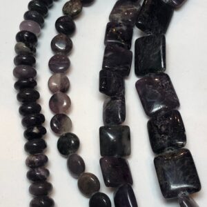 Dark Lepidolite Gemstone Beads available in 4 shapes: 6mm rondelle, 6mm coin, 8mm square and 10x12mm rectangle. Form of Mica.