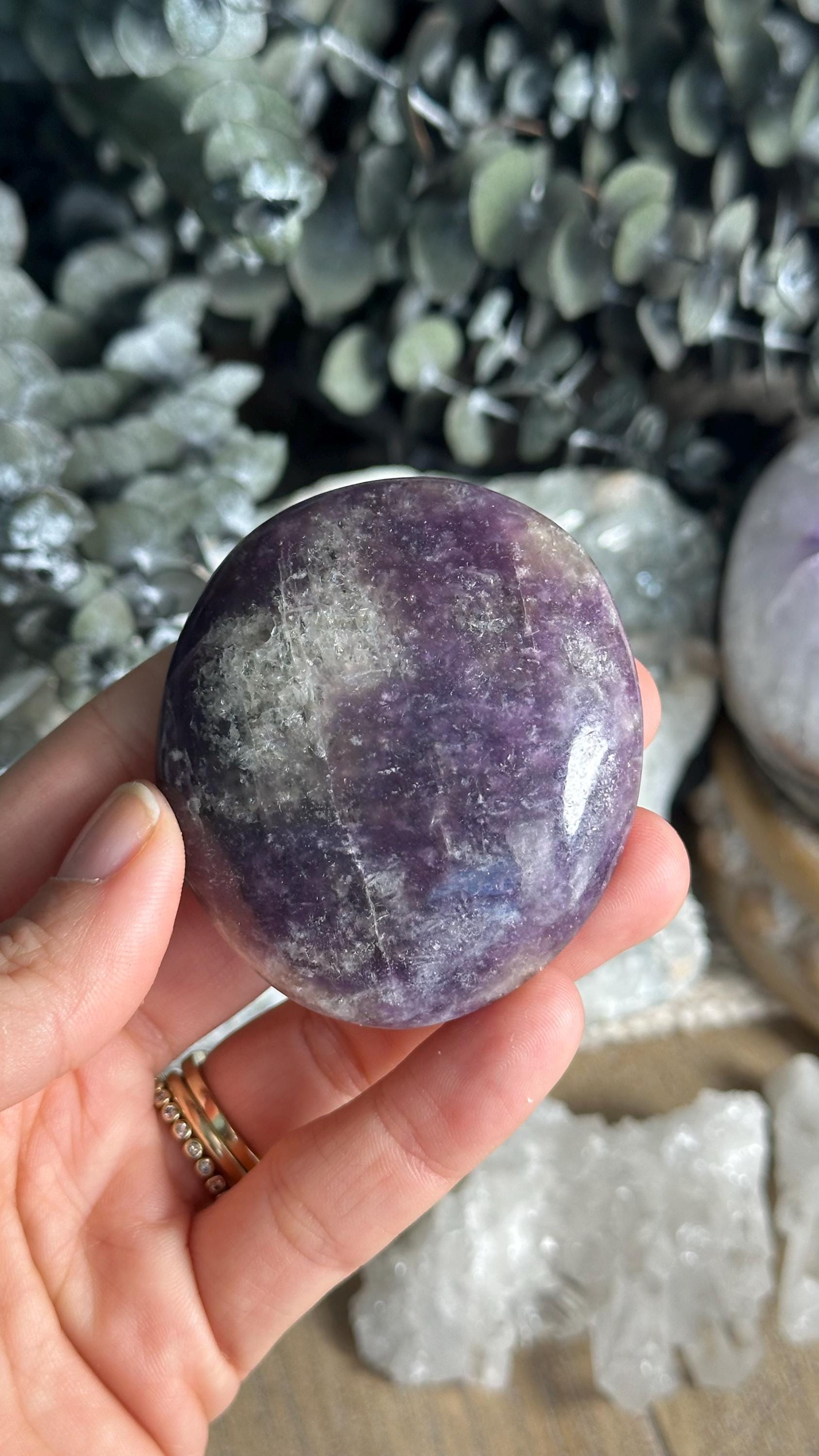 Lepidolite With Quartz Palm Stone, Calming Crystal, Madagascar
