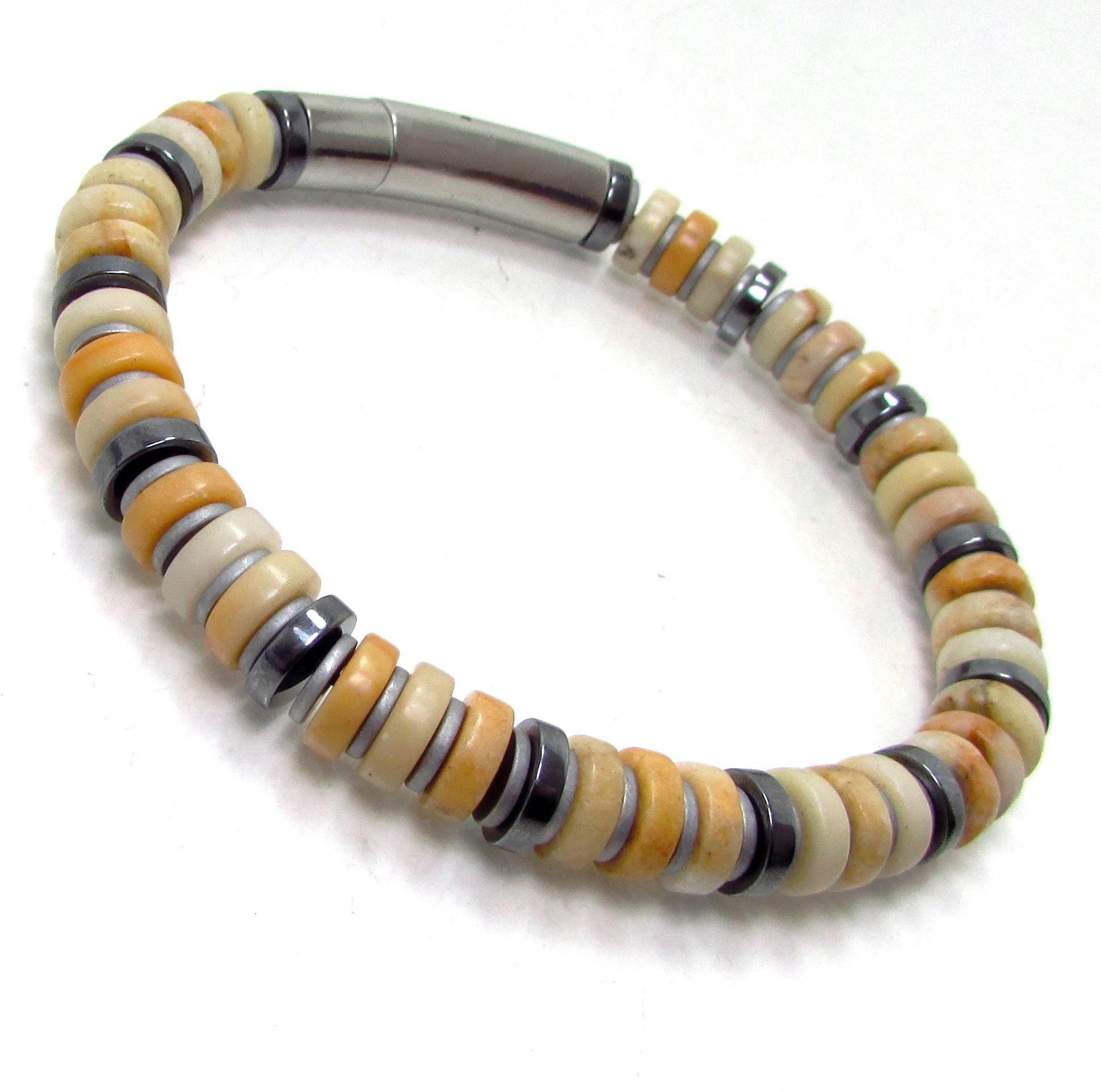 Magnesite Gemstone Bracelet With Clasp For Men, Natural Gemstone Mens Beaded Bracelet With Stainless Steel, Mia Patrino Bracelet +gift Bag Magnesite Gemstone Bracelet With Clasp For Men, Natural Gemstone Mens Beaded Bracelet With Stainless Steel, Mia Patrino Bracelet +gift Bag
