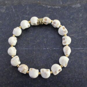 White Magnesite Skull Bracelet: Gold Accents, Halloween Jewelry