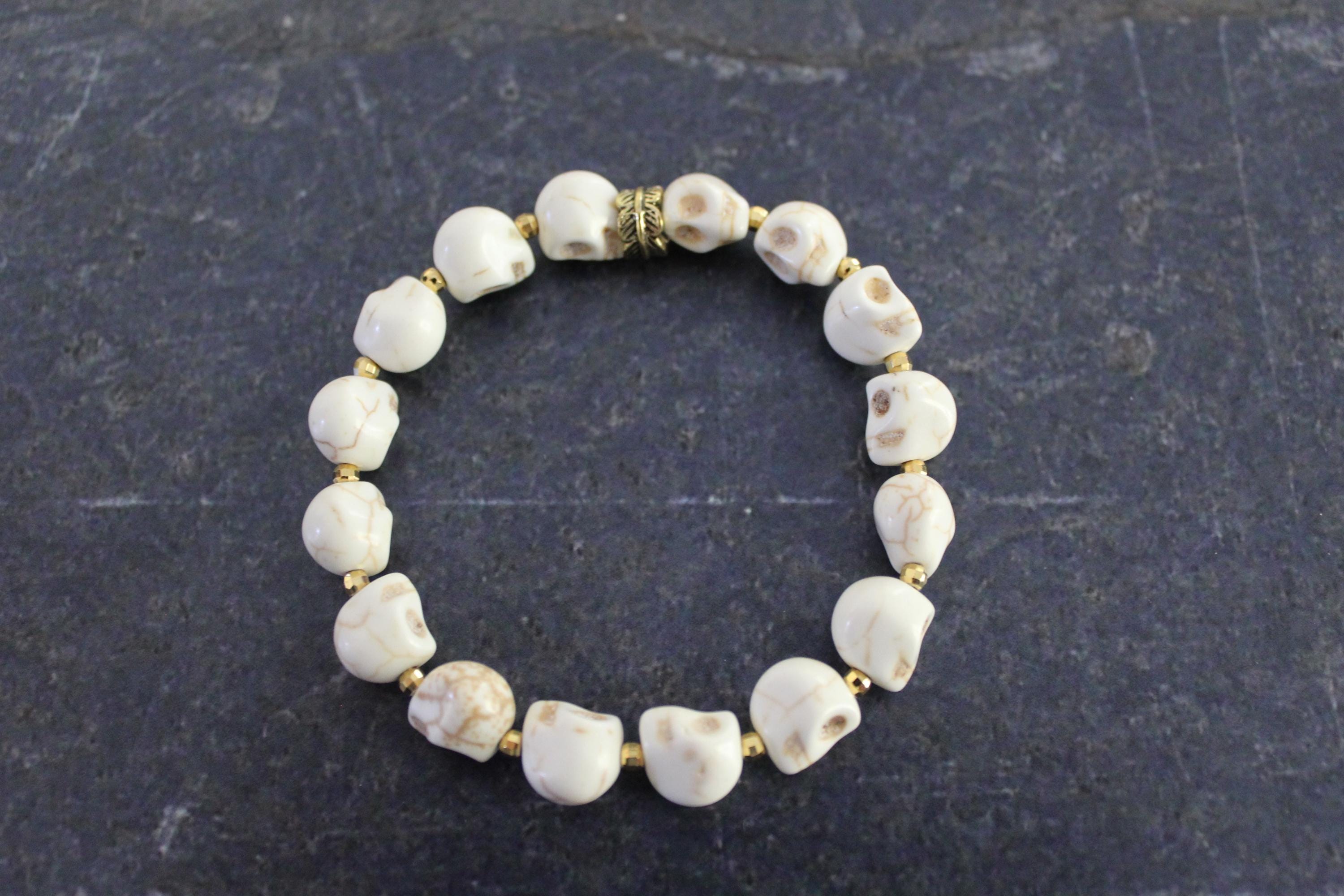 White Magnesite Skull Bracelet: Gold Accents, Halloween Jewelry White Magnesite Skull Bracelet: Gold Accents, Halloween Jewelry