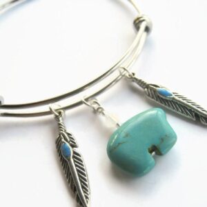 Zuni Bear Bangle Bracelet, Feather Bracelet, Adjustable Stainless Steel Bracelet, Turuoise Magnesite, Native, PERSONALIZED Birthstone Zuni Bear Bangle Bracelet, Feather Bracelet, Adjustable Stainless Steel Bracelet, Turuoise Magnesite, Native, PERSONALIZED Birthstone