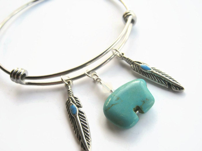 Zuni Bear Bangle Bracelet, Feather Bracelet, Adjustable Stainless Steel Bracelet, Turuoise Magnesite, Native, Personalized Birthstone