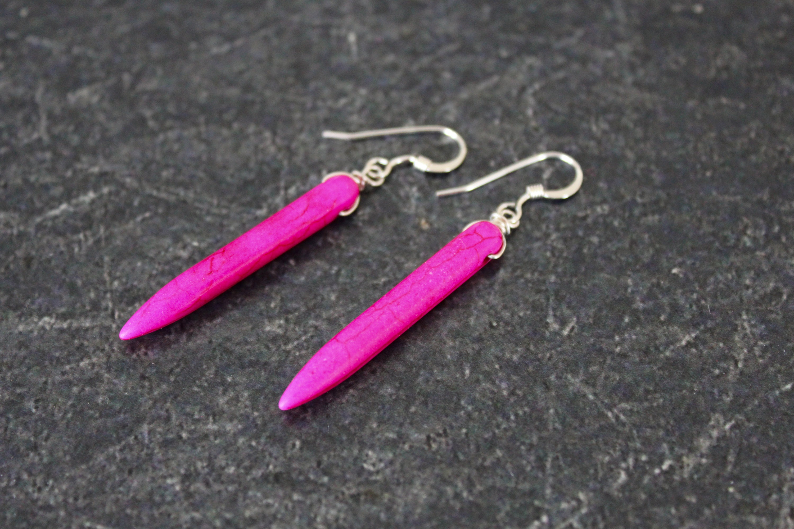 Hot Pink Magnesite Spike Earrings: Sterling Silver Dangle