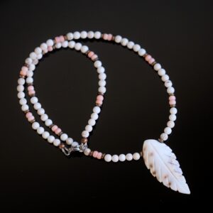 Calming Magnesite, Pink Queen Conch Shell Rondelle Disc Bead Handmade 18.25'' Necklace Carved Leaf Pendant Stainless Steel Lobster Clasp Calming Magnesite, Pink Queen Conch Shell Rondelle Disc Bead Handmade 18.25'' Necklace Carved Leaf Pendant Stainless Steel Lobster Clasp