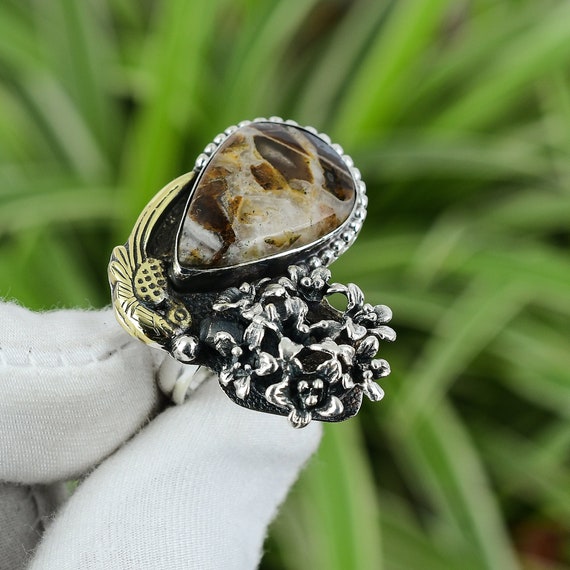 Handmade Wild Horse Magnesite Ring: 925 Sterling Silver, 18k Gold Plated, Adjustable