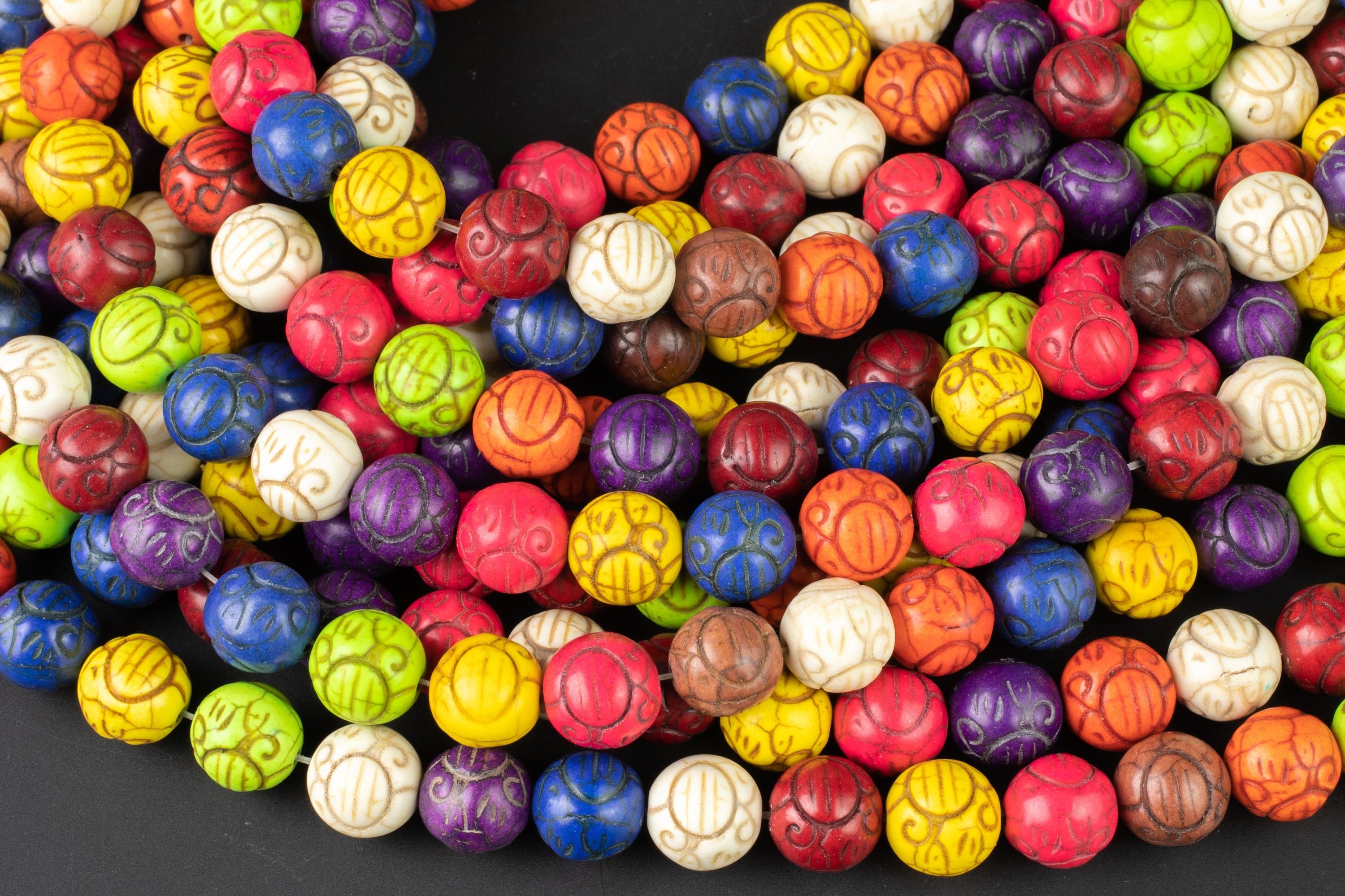 10mm Carved Round Magnesite Multi Color- 15.5 Inches Per Strand 10mm Carved Round Magnesite Multi Color- 15.5 Inches Per Strand