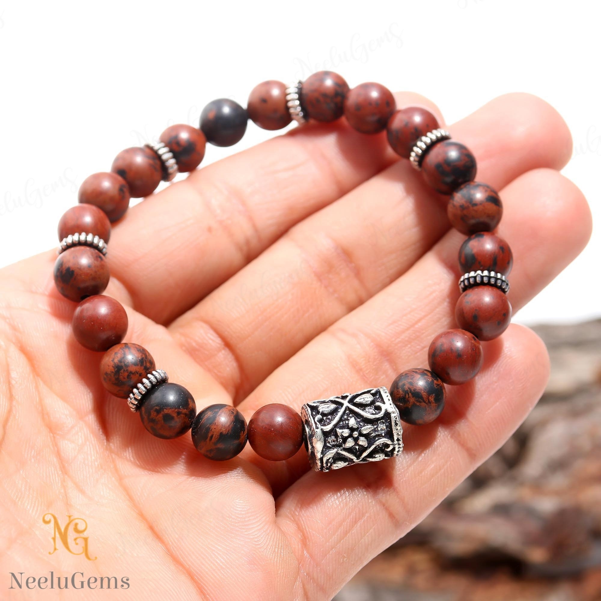 Mahogany Obsidian Bracelet 8mm, Earthy Brown & Black Protection Stone For Strength, Grounding Gemstone, Unisex Gift For New Beginnings