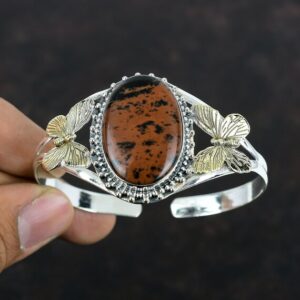 Mahogany Obsidian Bangle: 925 Sterling Silver Cuff With Butterfly Accents