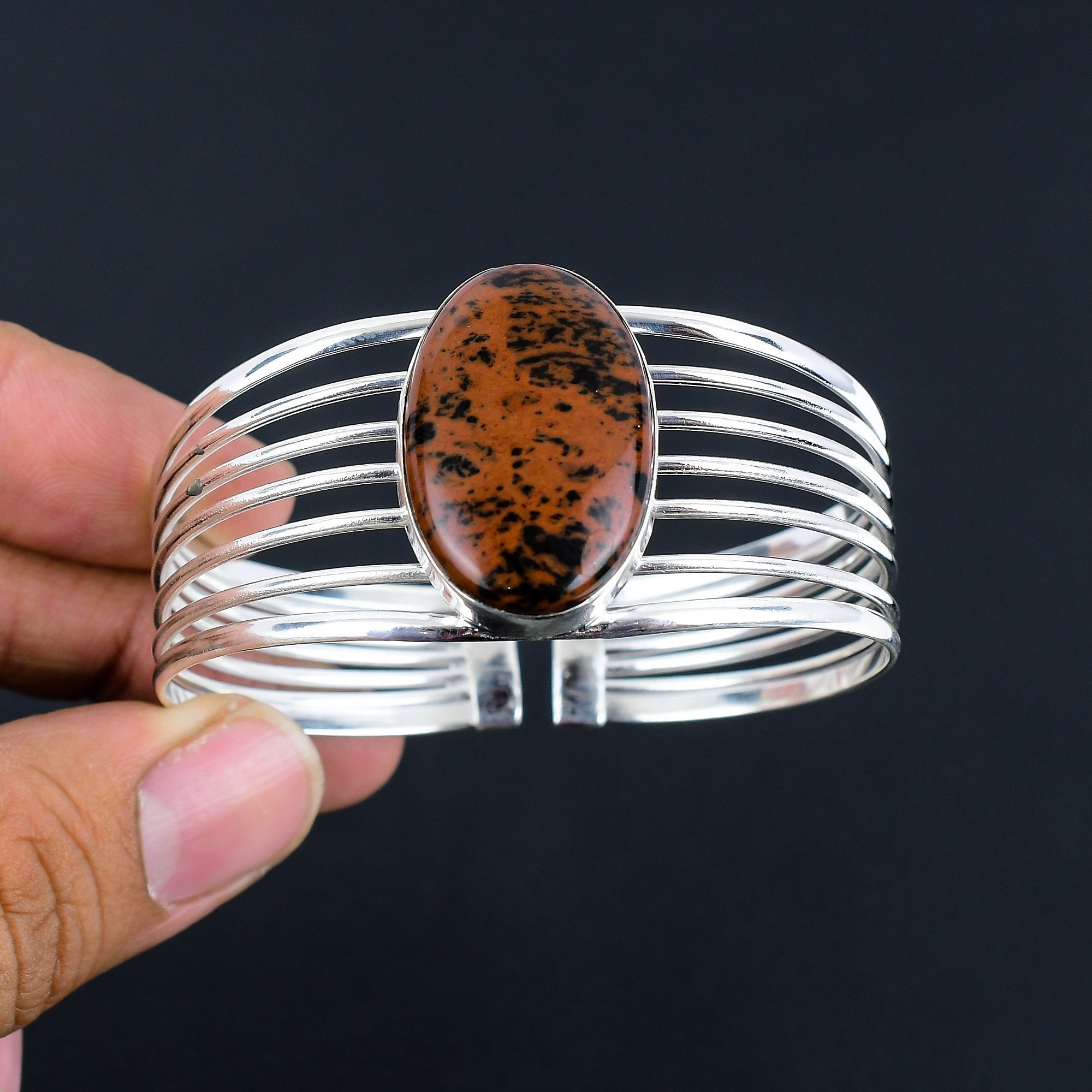 Mahogany Obsidian Bangle: Handmade 925 Sterling Silver Cuff