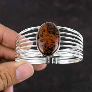 Mahogany Obsidian Cuff Bracelet: Handmade 925 Sterling Silver Adjustable Bangle