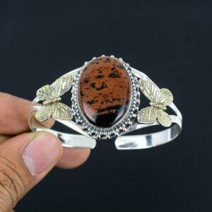 Mahogany Obsidian Cuff Bracelet: Sterling Silver, 18k Gold Butterfly
