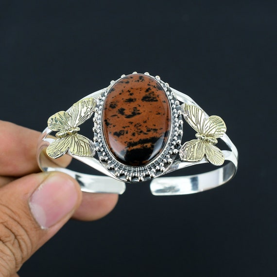 Mahogany Obsidian Cuff Bracelet: Sterling Silver, 18k Gold Butterfly