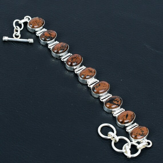 Handmade Mahogany Obsidian Bracelet: 925 Sterling Silver Adjustable Chain