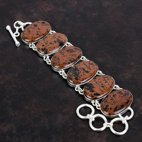 Handmade Mahogany Obsidian Bracelet, 925 Sterling Silver Adjustable Chain Handmade Mahogany Obsidian Bracelet, 925 Sterling Silver Adjustable Chain