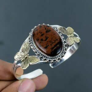 Handmade Mahogany Obsidian Cuff Bracelet: Adjustable Sterling Silver Bangle