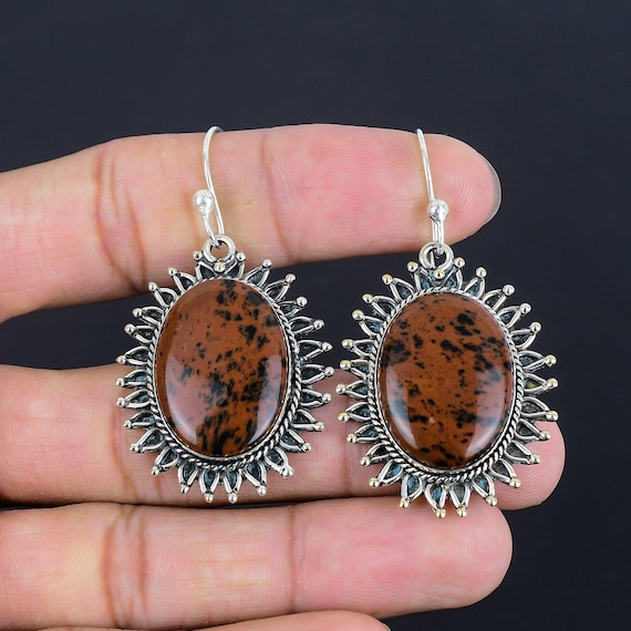 Handmade Mahogany Obsidian Earrings: 925 Sterling Silver, Antique Style