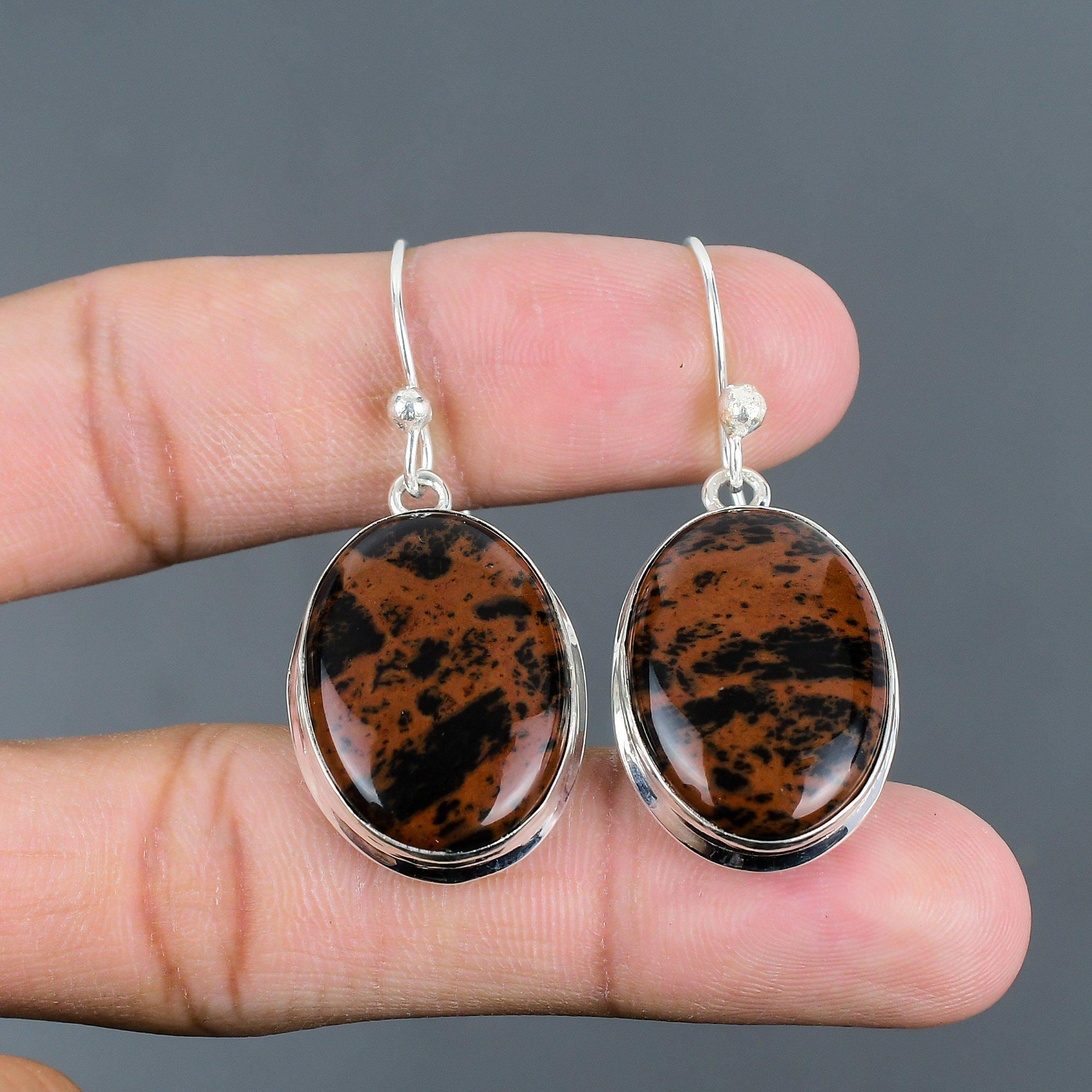 Handmade Mahogany Obsidian Earrings: 925 Sterling Silver Antique Style